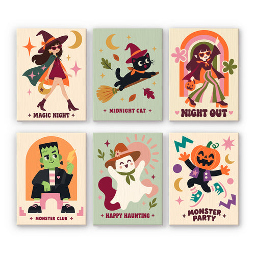 Coffret 6 peintures par numéro Club des Monstres, personnages rétro, sorcière, chat, fantôme et monstre vert, Maison Artsen