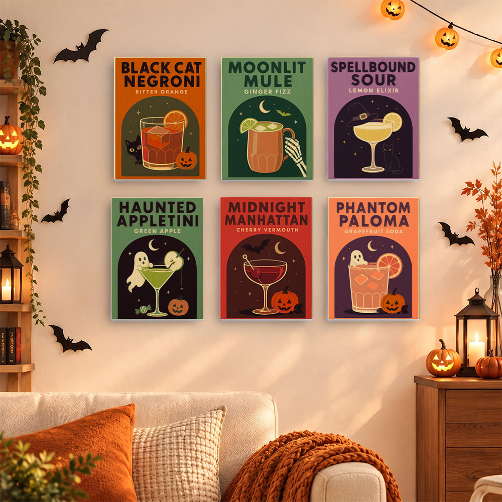 Coffret 6 mini-toiles Cocktails de Minuit accrochées dans un salon décoré pour Halloween, Maison Artsen