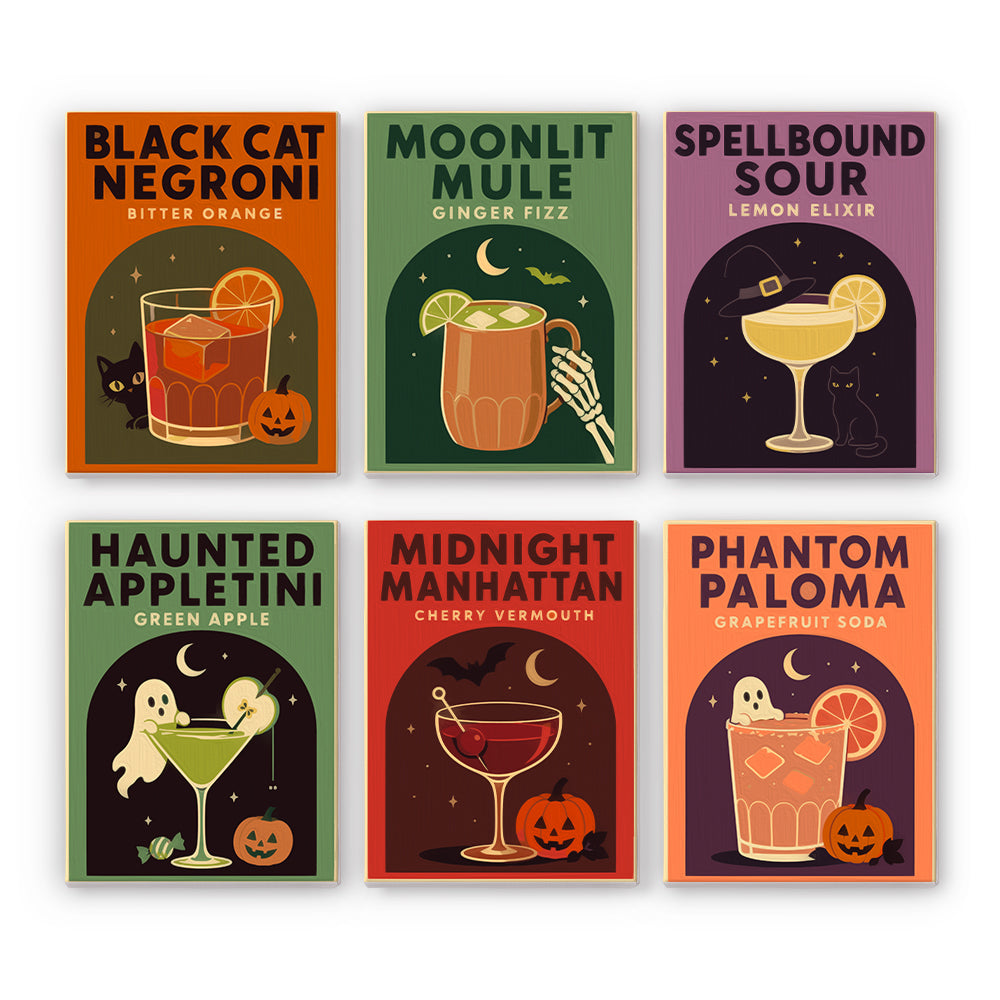 Coffret 6 peintures par numéro Cocktails de Minuit, cocktails d'Halloween, chat noir, fantômes et citrouilles, Maison Artsen