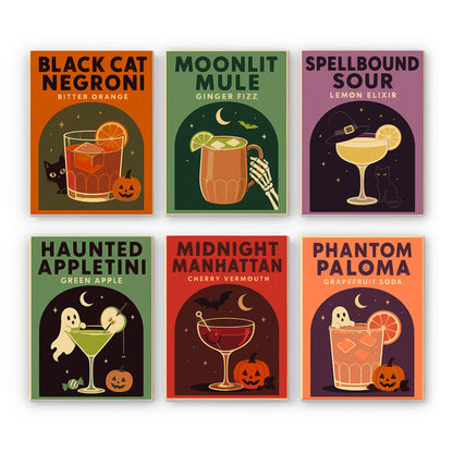 Coffret 6 peintures par numéro Cocktails de Minuit, cocktails d'Halloween, chat noir, fantômes et citrouilles, Maison Artsen