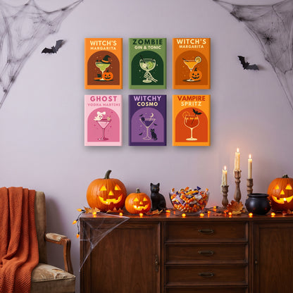 Coffret 6 mini-toiles Cocktails Ensorcelés accrochées dans un salon décoré pour Halloween — Maison Artsen