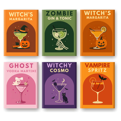 Coffret 6 peintures par numéro Cocktails Ensorcelés – six affiches de cocktails aux fantômes, squelette et chat noir – Maison Artsen
