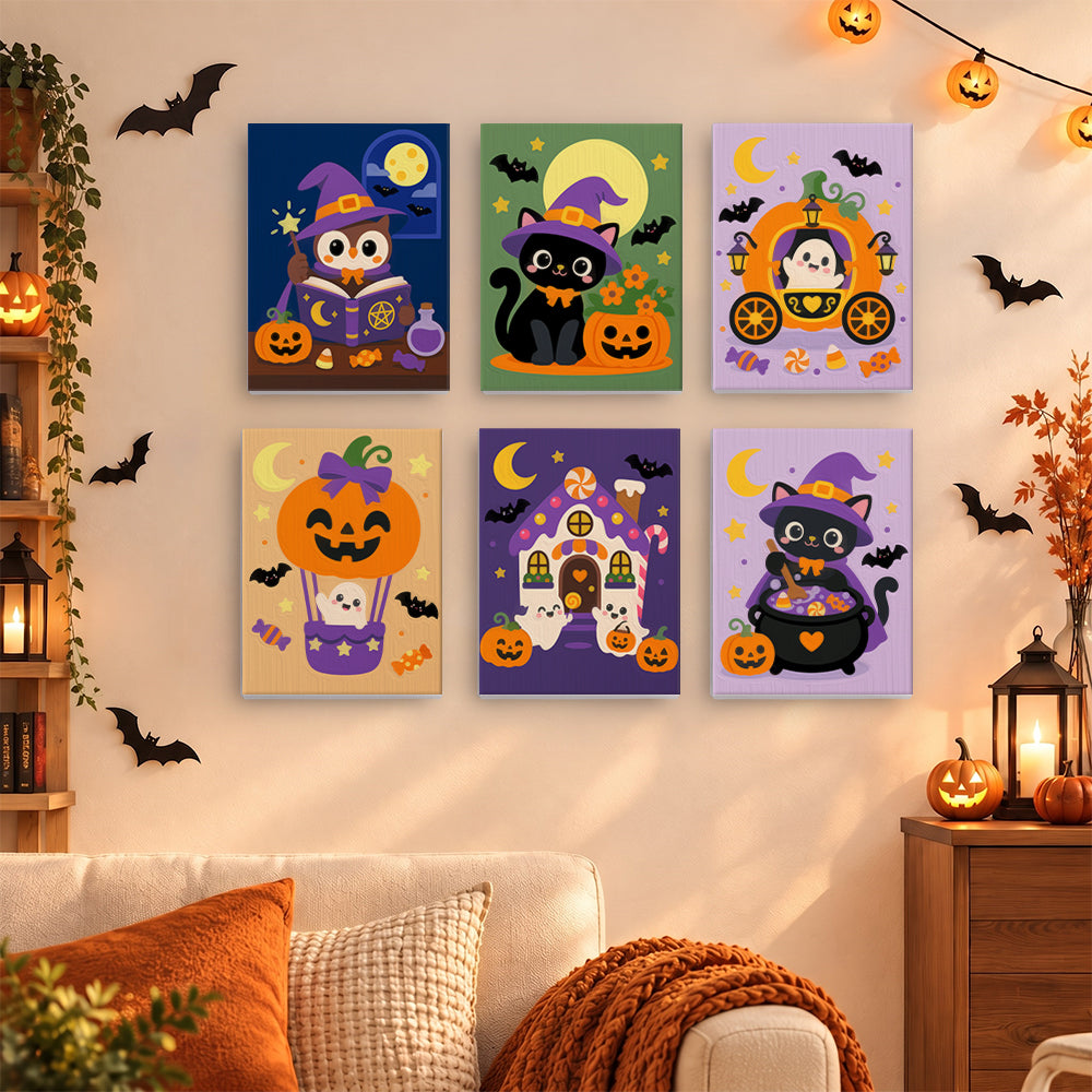 Coffret 6 mini-toiles Contes d'Halloween accrochées dans un salon décoré pour Halloween, Maison Artsen