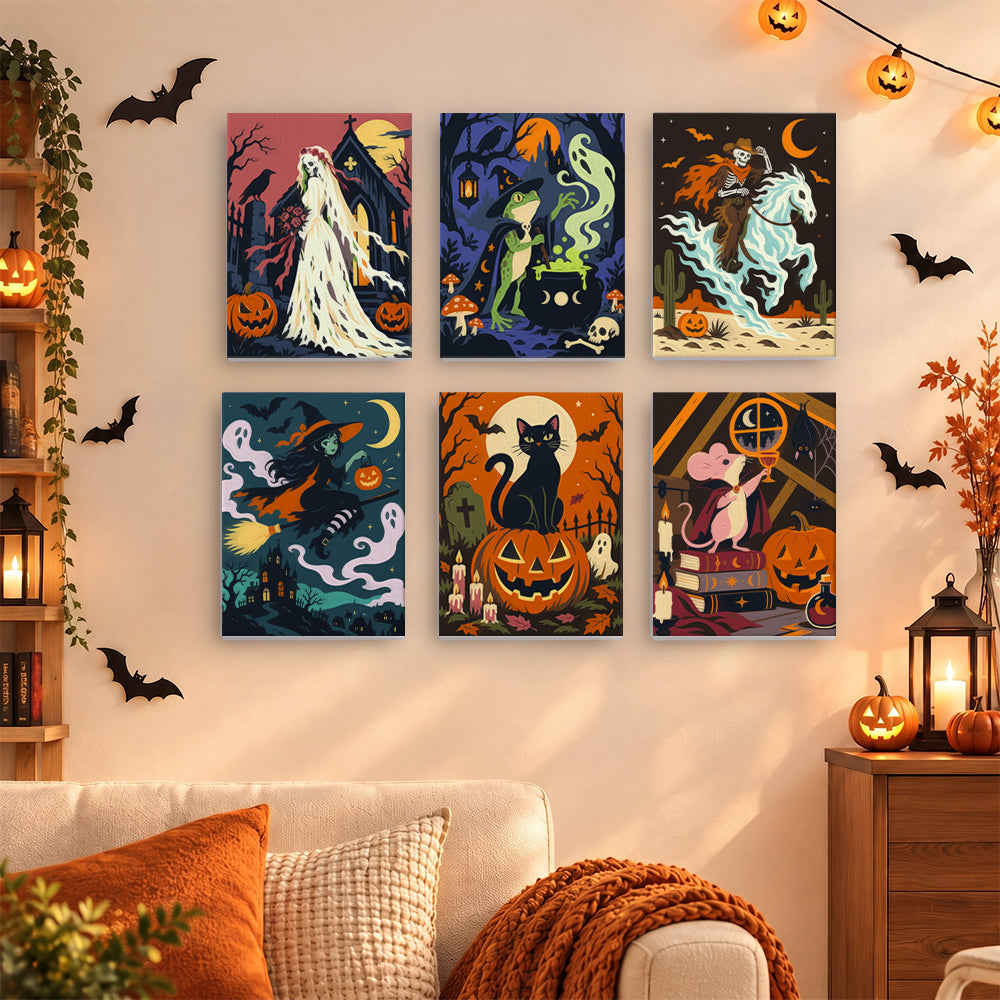 Coffret 6 mini-toiles Contes Gothiques accrochées dans un salon décoré pour Halloween, Maison Artsen