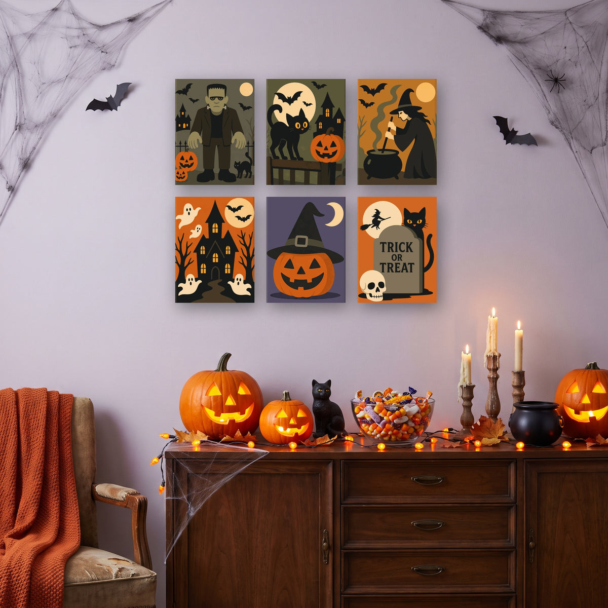 Coffret 6 mini-toiles Cortège des Monstres accrochées dans un salon décoré pour Halloween — Maison Artsen