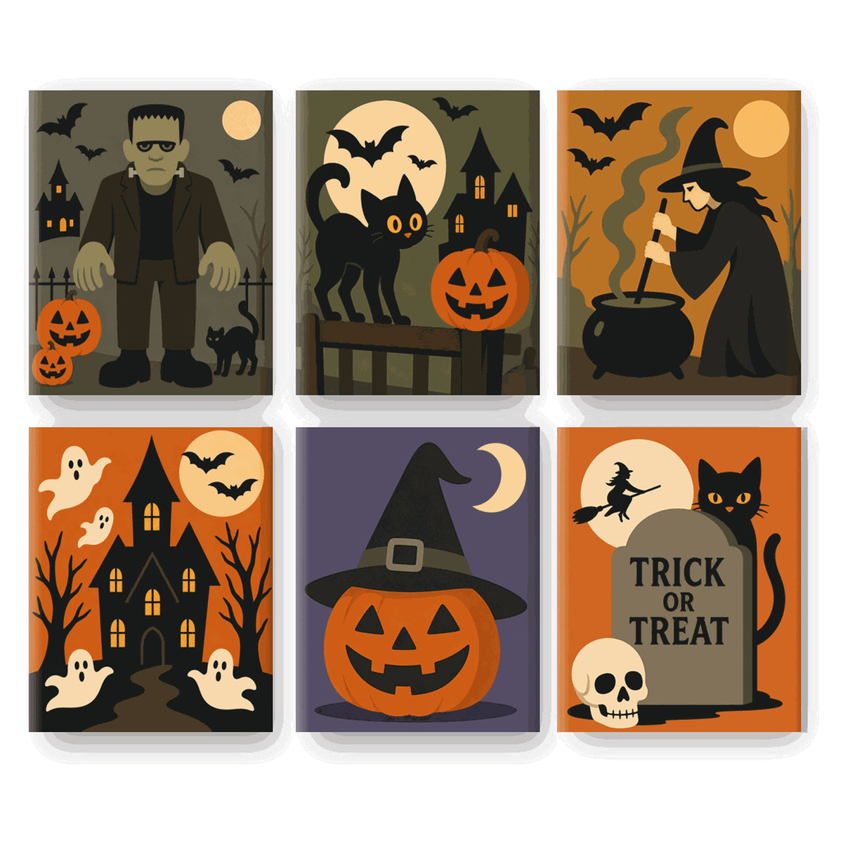 Coffret 6 peintures par numéro Cortège des Monstres – monstre, sorcière, manoir hanté et citrouilles sous la lune – Maison Artsen