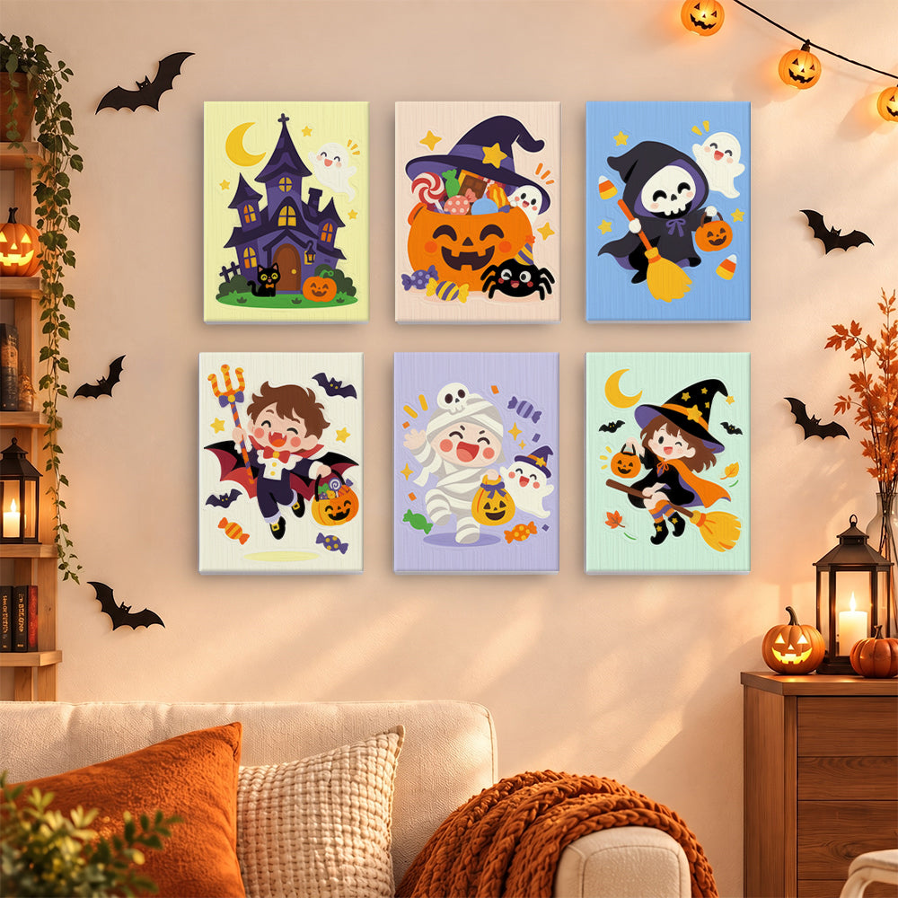 Coffret 6 mini-toiles Costumes Pastel accrochées dans un salon décoré pour Halloween, Maison Artsen