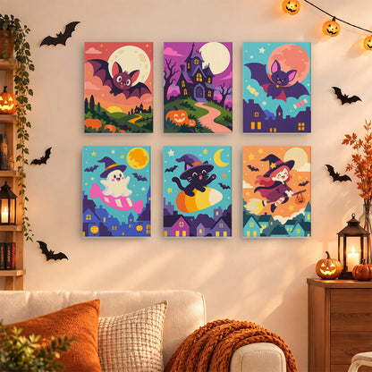 Coffret 6 mini-toiles Couchers de Soleil Hantés accrochées dans un salon décoré pour Halloween, Maison Artsen