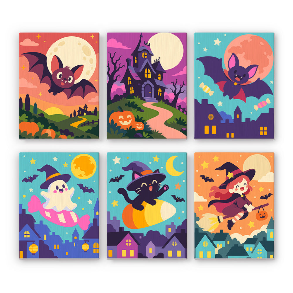 Coffret 6 peintures par numéro Couchers de Soleil Hantés, chauves-souris, manoir hanté, fantôme et sorcière au crépuscule, Maison Artsen