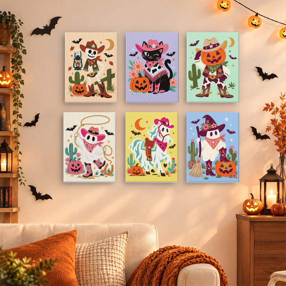 Coffret 6 mini-toiles Cowboys Hantés accrochées dans un salon décoré pour Halloween, Maison Artsen