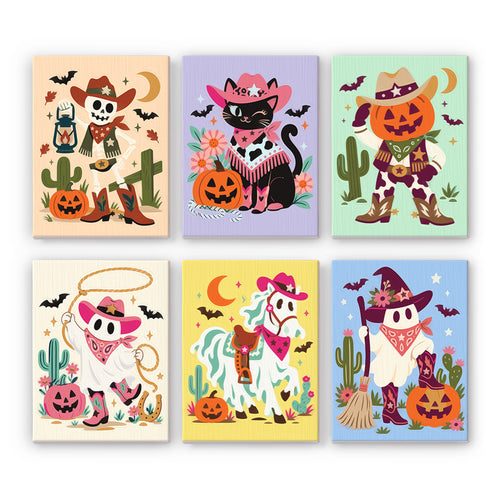 Coffret 6 peintures par numéro Cowboys Hantés, squelette, chat noir, citrouille et fantômes en cowboys, Maison Artsen