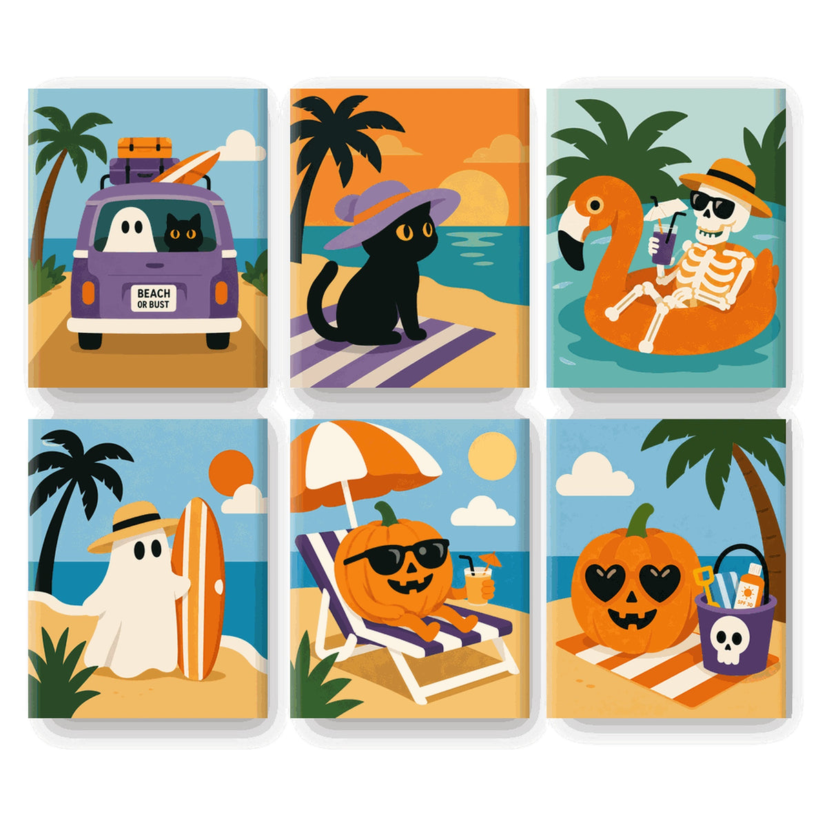 Coffret 6 peintures par numéro Départ pour la Plage – van, fantôme et citrouilles en vacances au bord de mer – Maison Artsen