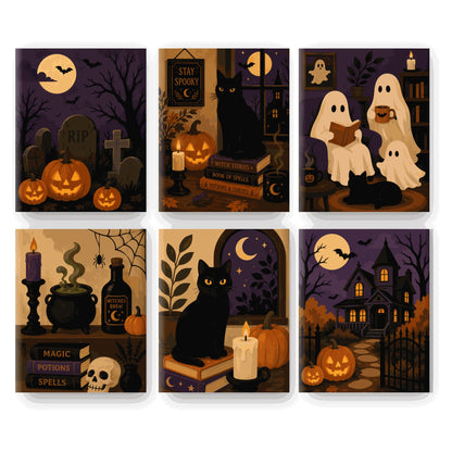 Coffret 6 peintures par numéro Douce Nuit Hantée – fantômes lisant, chats noirs, potions et manoir sous la lune – Maison Artsen