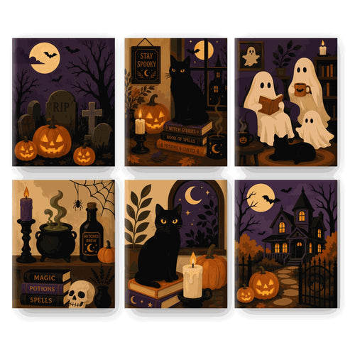 Coffret 6 peintures par numéro Douce Nuit Hantée – fantômes lisant, chats noirs, potions et manoir sous la lune – Maison Artsen