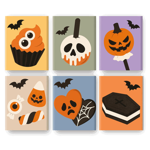 Coffret 6 peintures par numéro Douceurs Ensorcelées – friandises d'halloween et chauves-souris sur fonds pastel – Maison Artsen