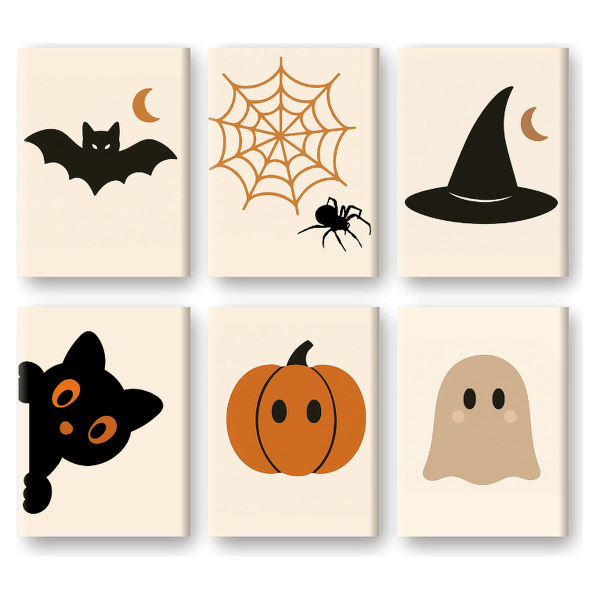Coffret 6 peintures par numéro Emblèmes d'Halloween – six symboles épurés sur fond crème – Maison Artsen