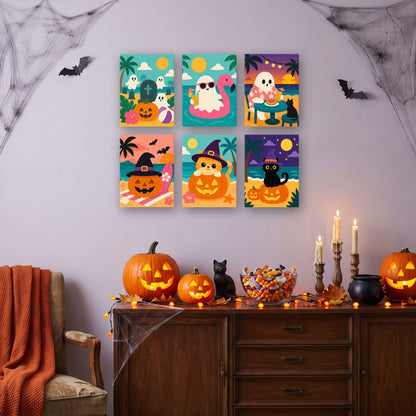 Coffret 6 mini-toiles Été des Fantômes accrochées dans un salon décoré pour Halloween — Maison Artsen
