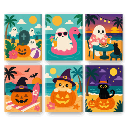 Coffret 6 peintures par numéro Été des Fantômes – fantômes, chats et citrouilles en vacances à la plage – Maison Artsen
