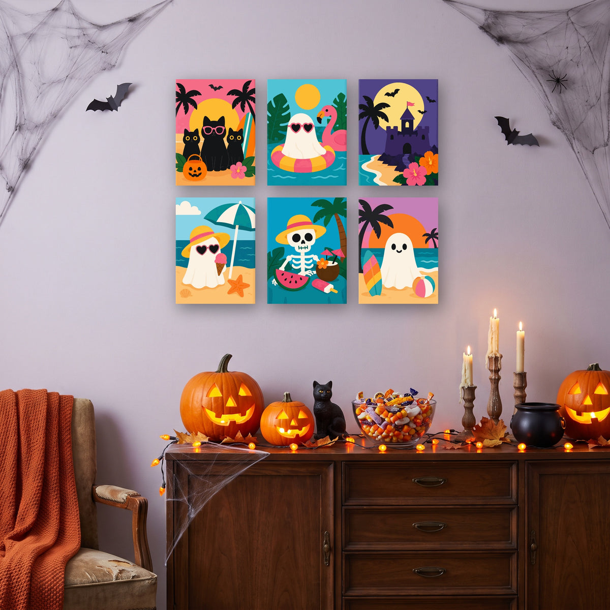 Coffret 6 mini-toiles Été des Petits Fantômes accrochées dans un salon décoré pour Halloween — Maison Artsen