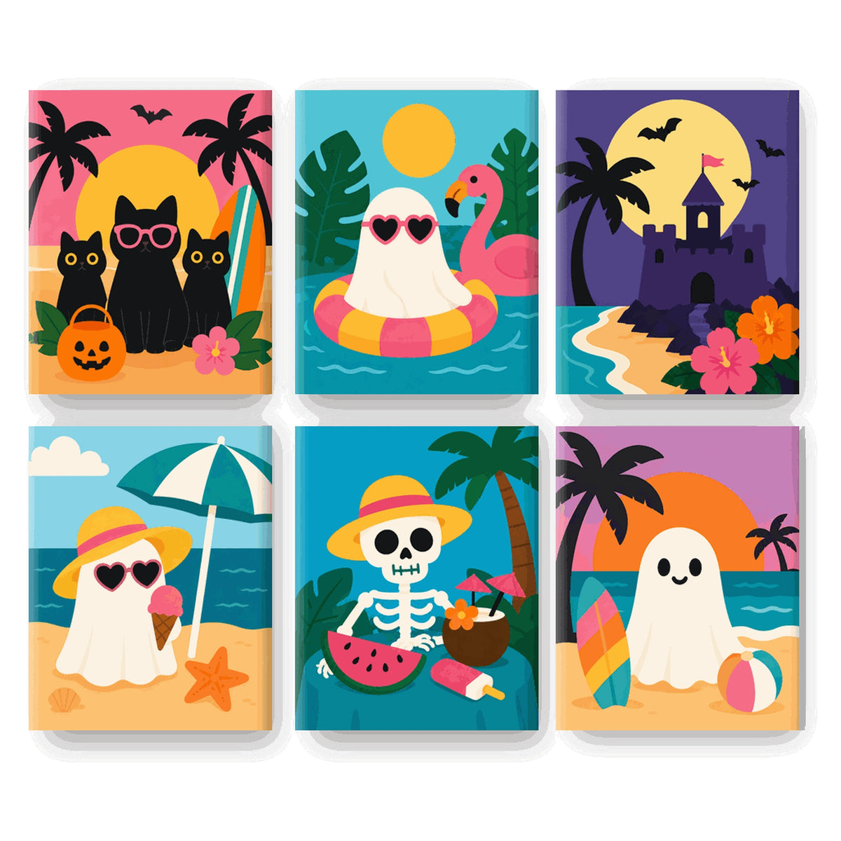 Coffret 6 peintures par numéro Été des Petits Fantômes – fantômes, chats noirs et flamant rose à la plage – Maison Artsen