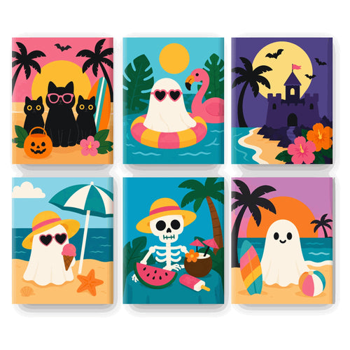 Coffret 6 peintures par numéro Été des Petits Fantômes – fantômes, chats noirs et flamant rose à la plage – Maison Artsen