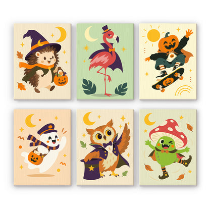 Coffret 6 peintures par numéro Excentriques d'Octobre, hérisson, flamant rose, fantôme, hibou et monstre champignon, Maison Artsen