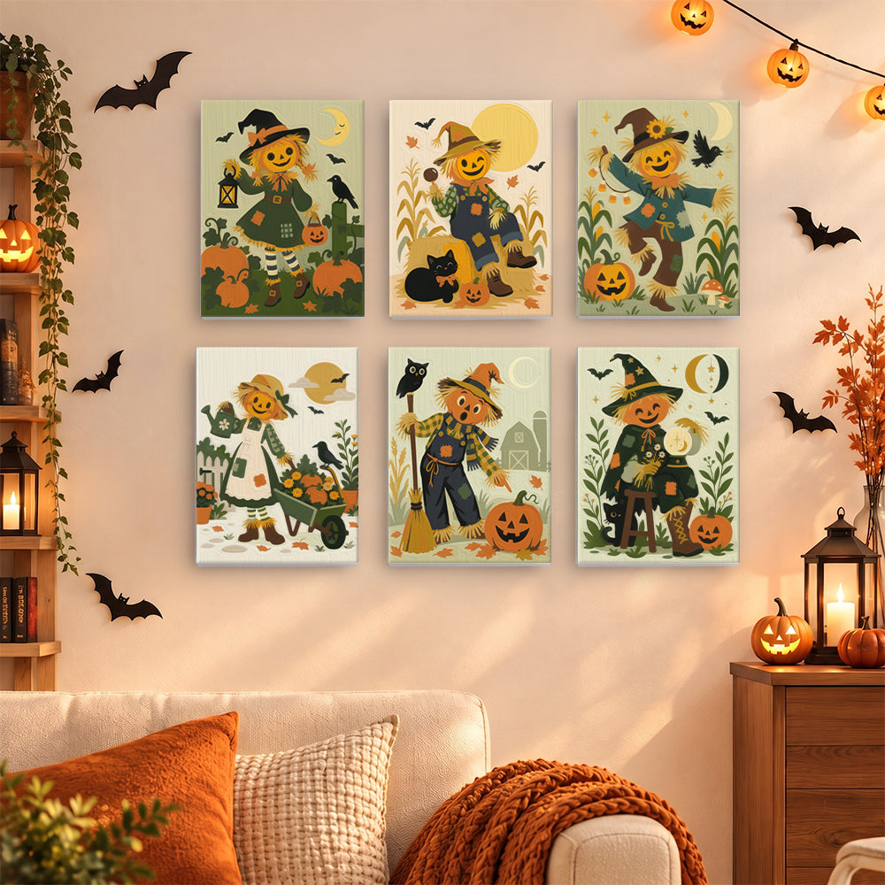 Coffret 6 mini-toiles Famille Épouvantail accrochées dans un salon décoré pour Halloween, Maison Artsen