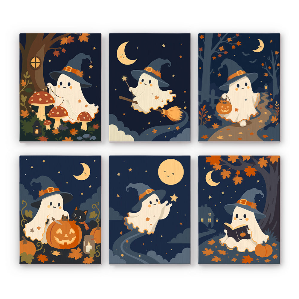 Coffret 6 peintures par numéro Fantômes au Clair de Lune, petits fantômes en chapeau de sorcier sous la lune, Maison Artsen