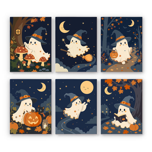 Coffret 6 peintures par numéro Fantômes au Clair de Lune, petits fantômes en chapeau de sorcier sous la lune, Maison Artsen