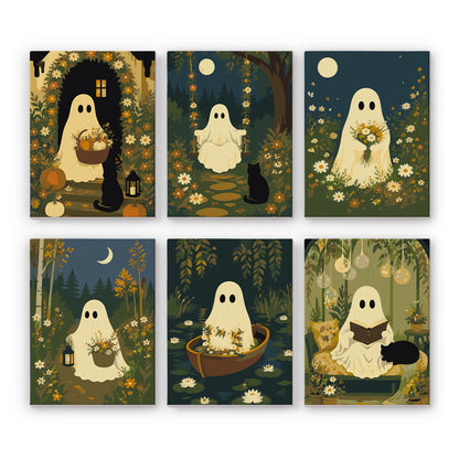 Coffret 6 peintures par numéro Fantômes de la Clairière, fantômes doux, fleurs et chats noirs sous la lune, Maison Artsen
