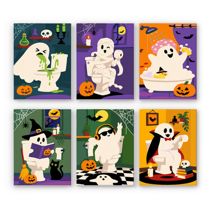 Coffret 6 peintures par numéro Fantômes en Bain Moussant, fantômes en bain moussant avec canard, momie et potion, Maison Artsen