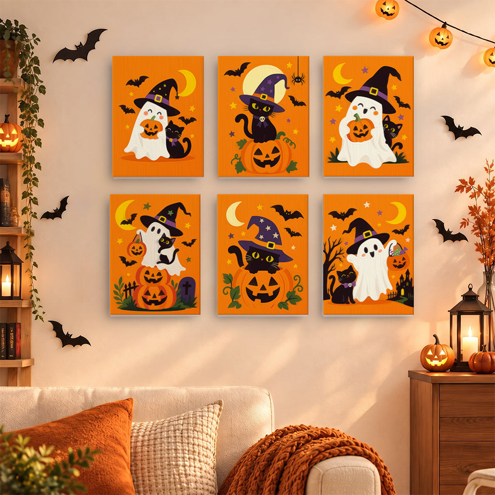 Coffret 6 mini-toiles Fantômes en Chapeau Pointu accrochées dans un salon décoré pour Halloween, Maison Artsen
