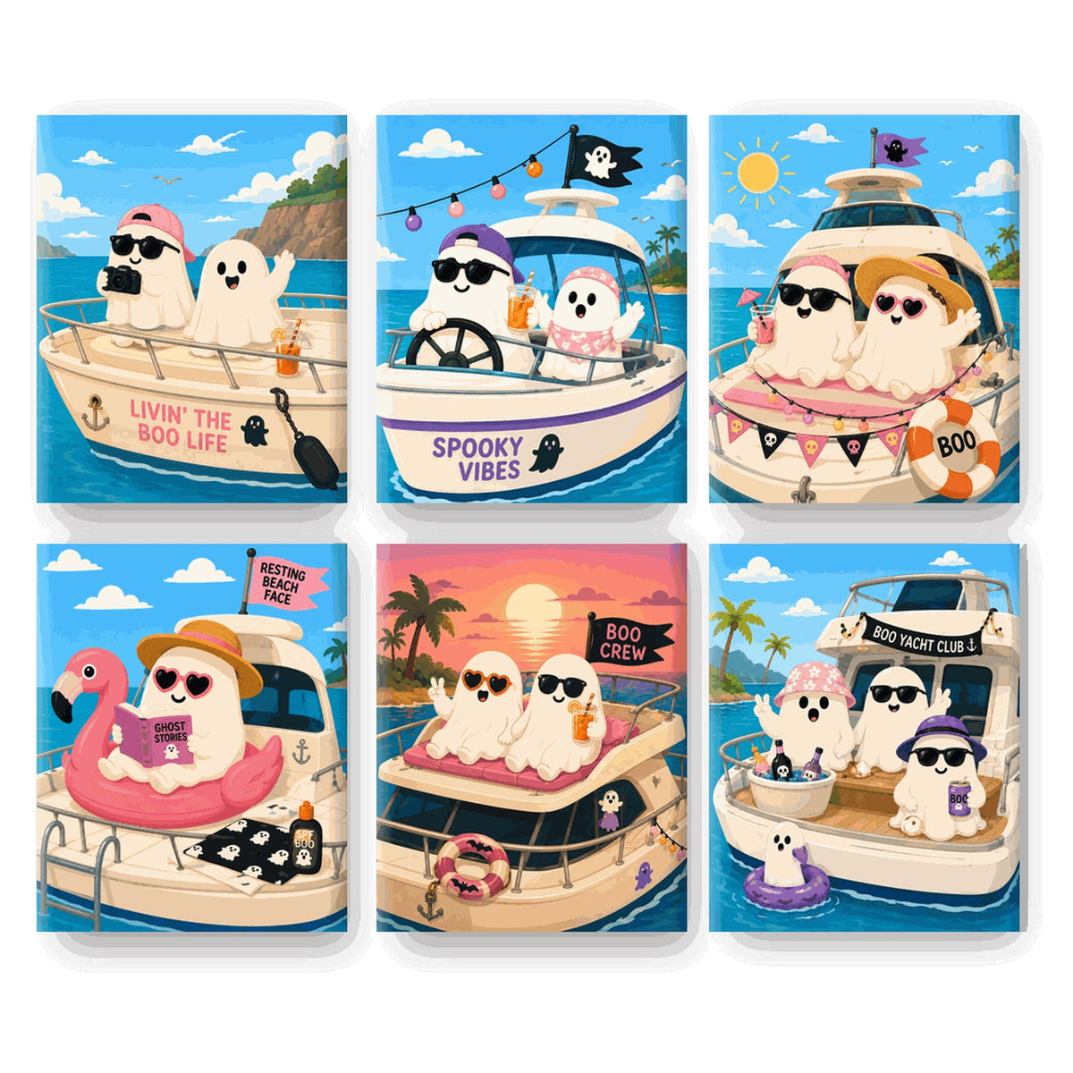 Coffret 6 peintures par numéro Fantômes en Croisière – petits fantômes en fête sur des yachts – Maison Artsen