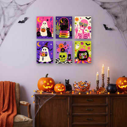 Coffret 6 mini-toiles Fantômes Fluo et Fleurs accrochées dans un salon décoré pour Halloween — Maison Artsen