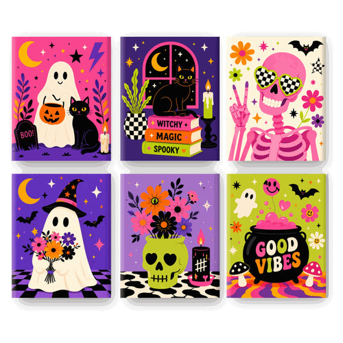 Coffret 6 peintures par numéro Fantômes Fluo et Fleurs – fantômes et squelette rose sur fonds acidulés – Maison Artsen