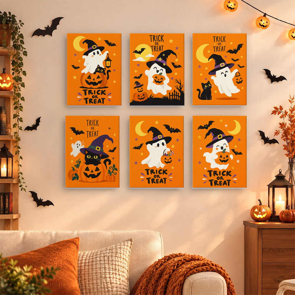 Coffret 6 mini-toiles Fantômes Orange accrochées dans un salon décoré pour Halloween, Maison Artsen