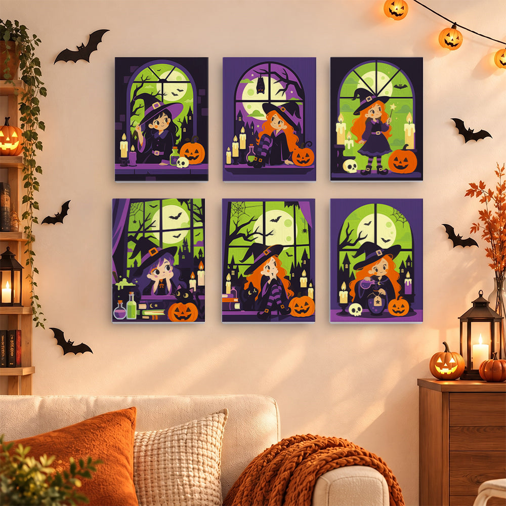 Coffret 6 mini-toiles Fenêtres Ensorcelées accrochées dans un salon décoré pour Halloween, Maison Artsen