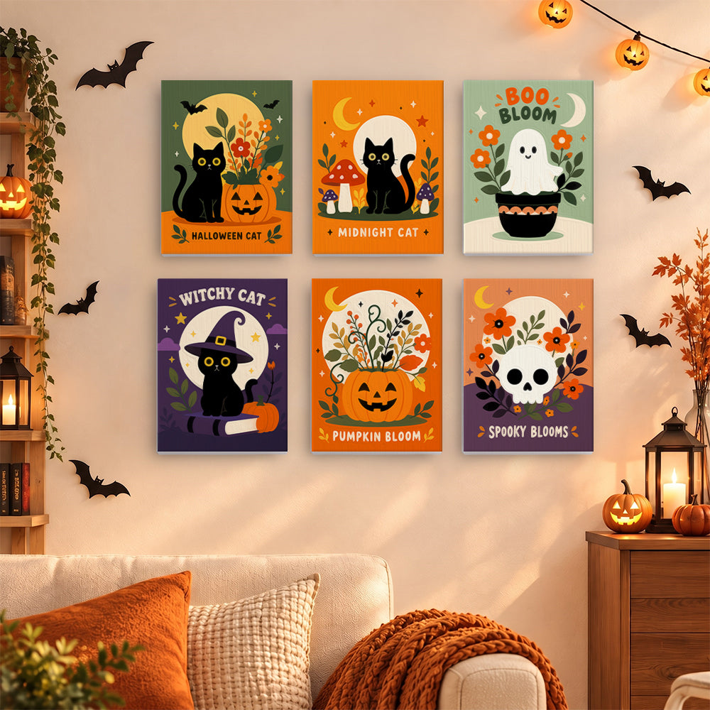 Coffret 6 mini-toiles Fleurs de Minuit accrochées dans un salon décoré pour Halloween, Maison Artsen
