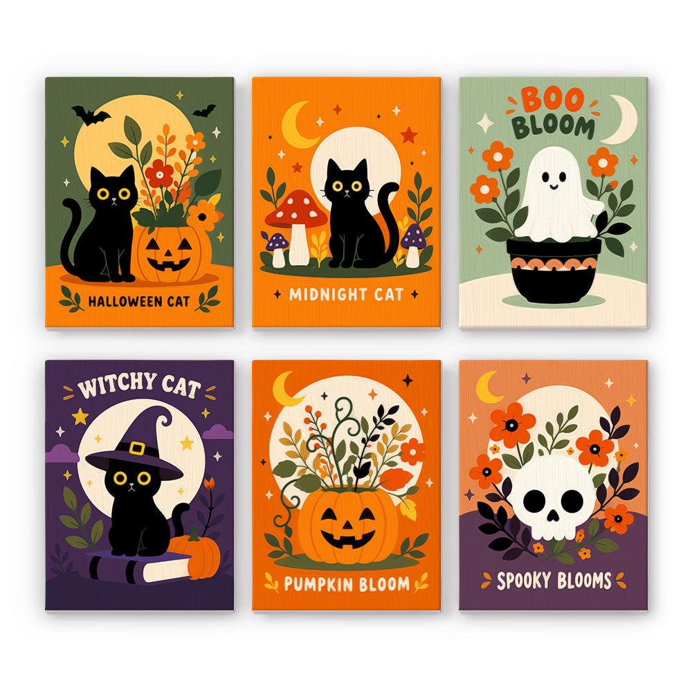 Coffret 6 peintures par numéro Fleurs de Minuit, chats noirs, fantôme et citrouille parmi les fleurs, Maison Artsen