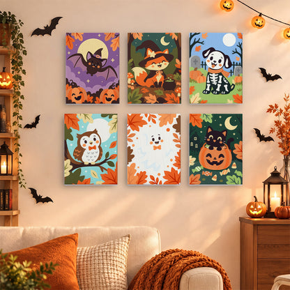 Coffret 6 mini-toiles Forêt Déguisée accrochées dans un salon décoré pour Halloween, Maison Artsen