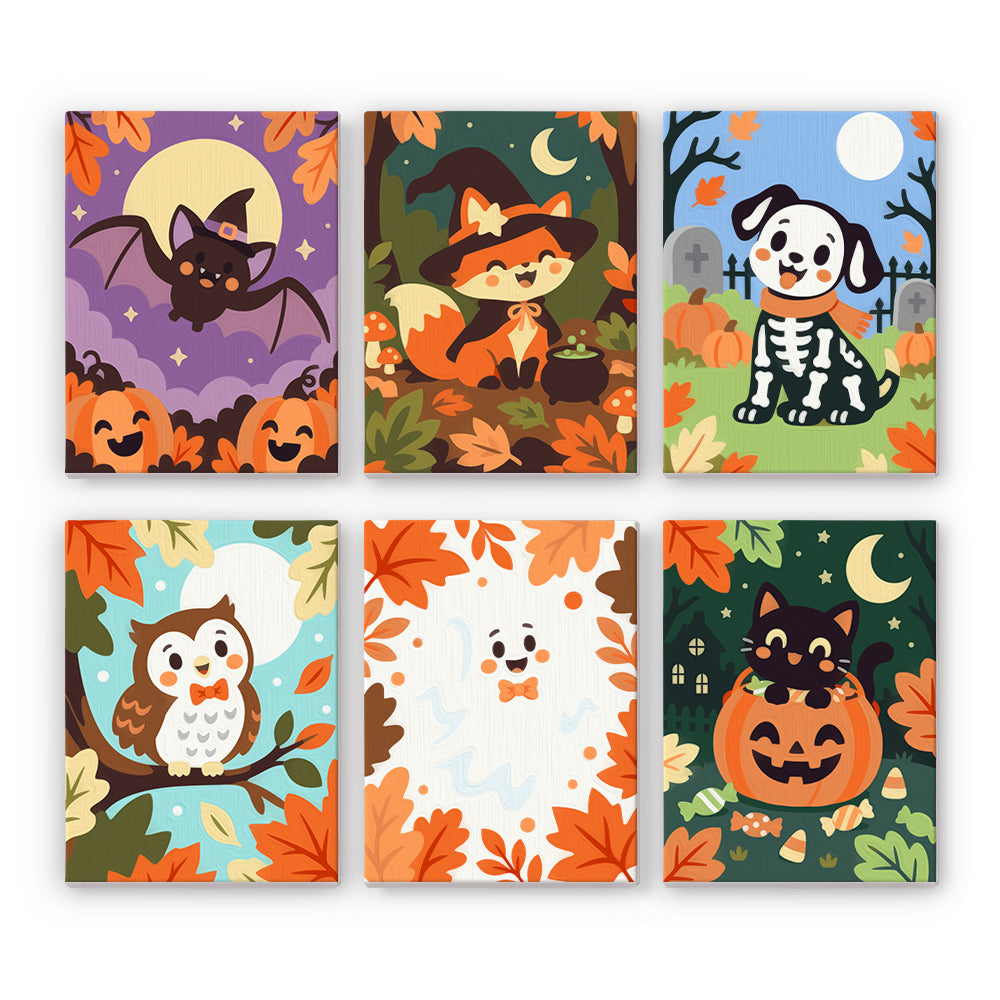 Coffret 6 peintures par numéro Forêt Déguisée, renard sorcier, chien squelette, hibou et chat noir, Maison Artsen