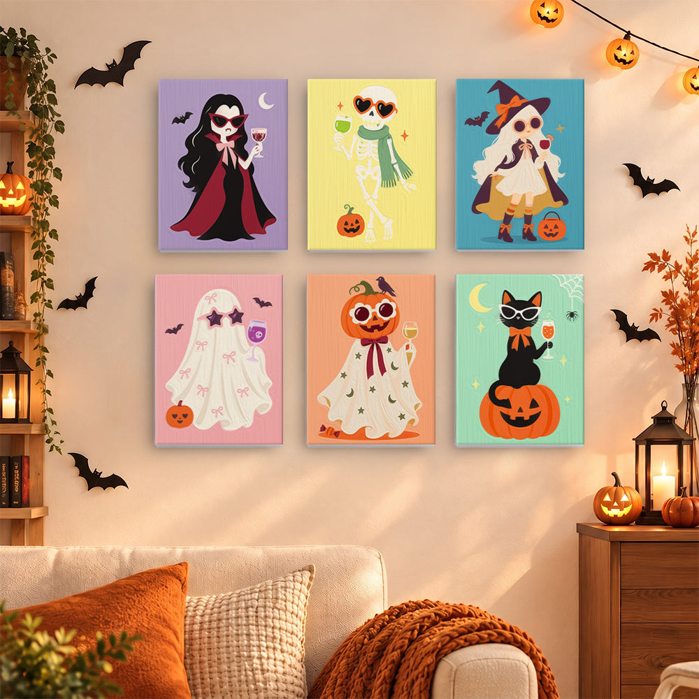 Coffret 6 mini-toiles Glam d'Halloween accrochées dans un salon décoré pour Halloween, Maison Artsen