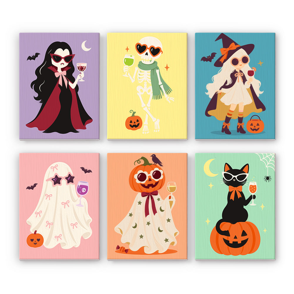 Coffret 6 peintures par numéro Glam d'Halloween, vampire, squelette, sorcière et chat noir en lunettes de soleil, Maison Artsen