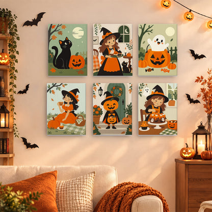 Coffret 6 mini-toiles Goûter de Sorcières accrochées dans un salon décoré pour Halloween, Maison Artsen