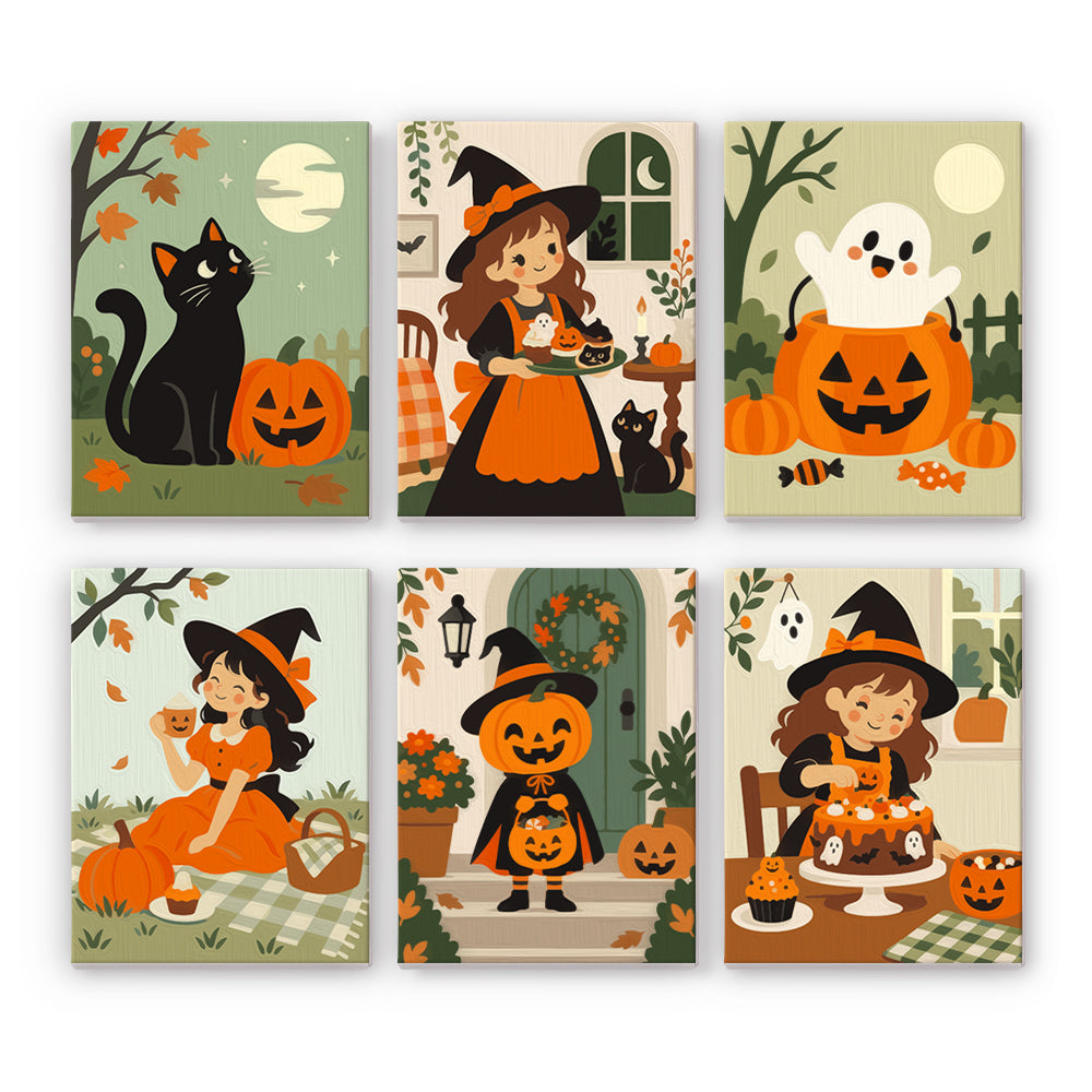 Coffret 6 peintures par numéro Goûter de Sorcières, chat noir, fantôme et petites sorcières au goûter, Maison Artsen