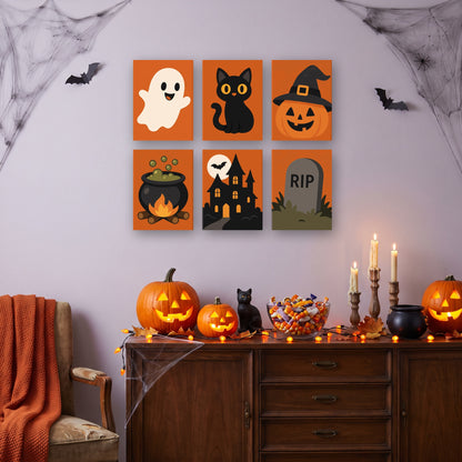 Coffret 6 mini-toiles Grands Classiques Orange accrochées dans un salon décoré pour Halloween — Maison Artsen