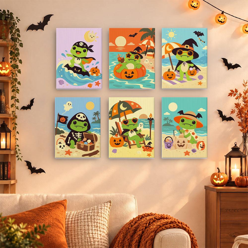 Coffret 6 mini-toiles Grenouilles à la Plage accrochées dans un salon décoré pour Halloween, Maison Artsen