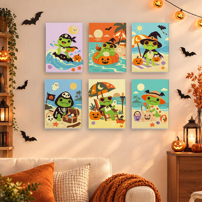 Coffret 6 mini-toiles Grenouilles à la Plage accrochées dans un salon décoré pour Halloween, Maison Artsen