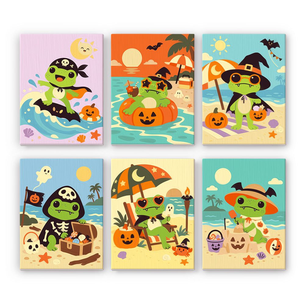 Coffret 6 peintures par numéro Grenouilles à la Plage, grenouilles costumées en vacances à la plage, Maison Artsen