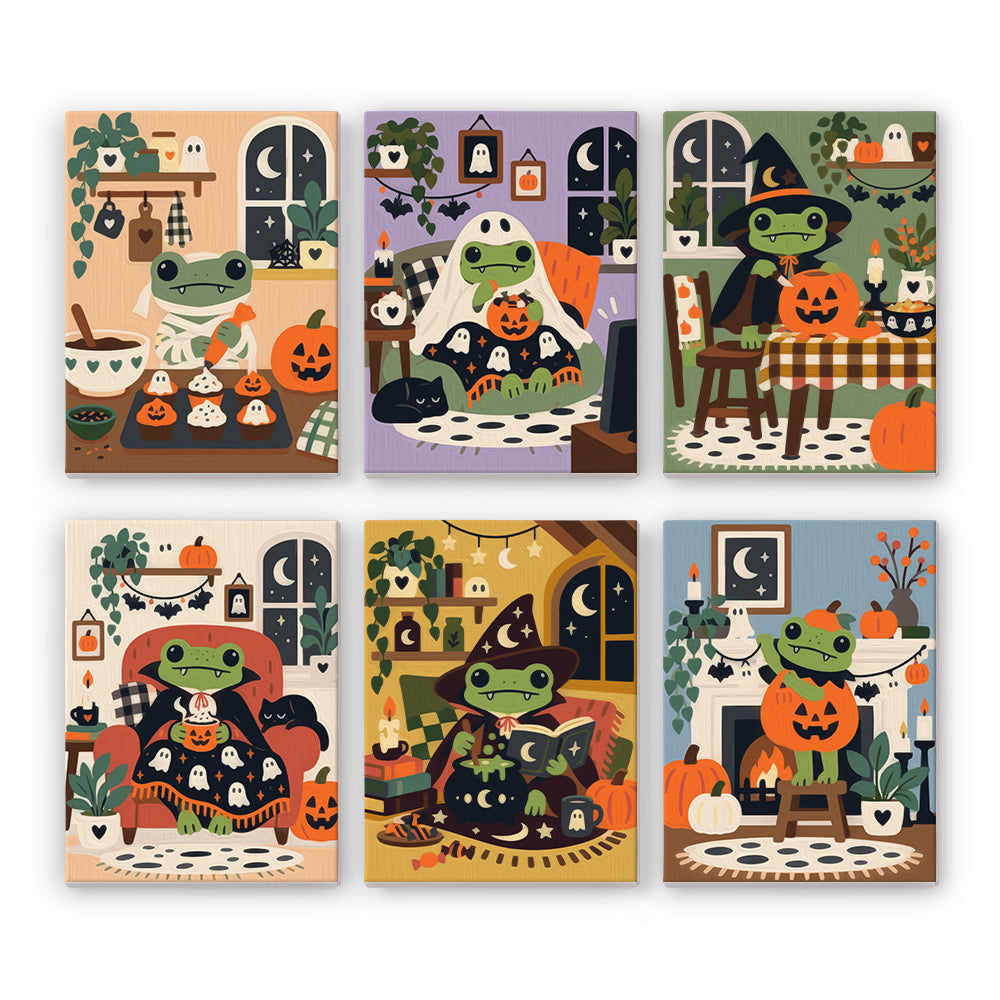 Coffret 6 peintures par numéro Grenouilles Douillettes, grenouilles qui pâtissent, lisent et se blottissent chez elles, Maison Artsen